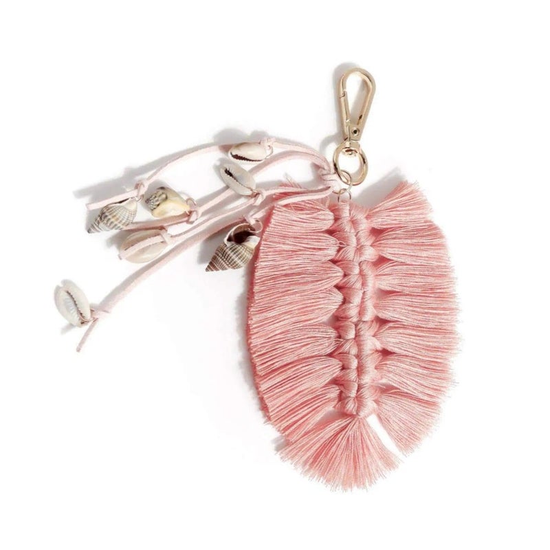 QTMY Shell Leaf Feather Tassel Keychain for Women,Cute Boho Bag Charm Pendant Keyring Purse Handbag Decor (Pink) - Image 1